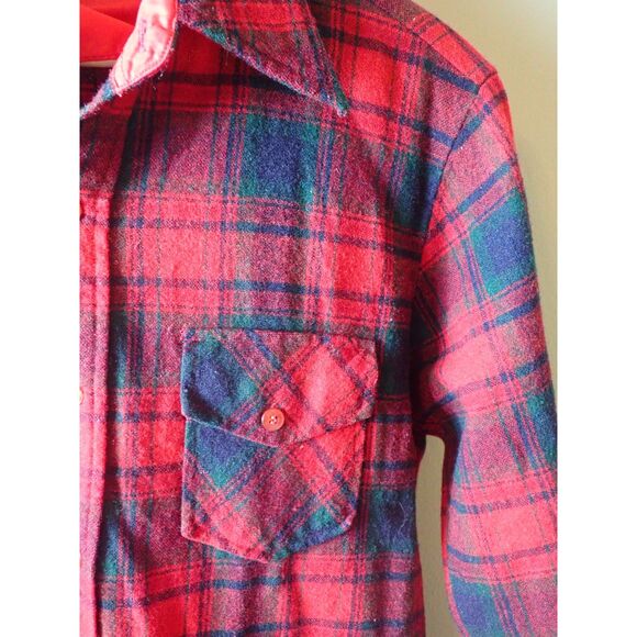K-Mart Flannel Shirt Small Wool Blend 80s 70s Plaid Vintage Red Green - Picture 3 of 11